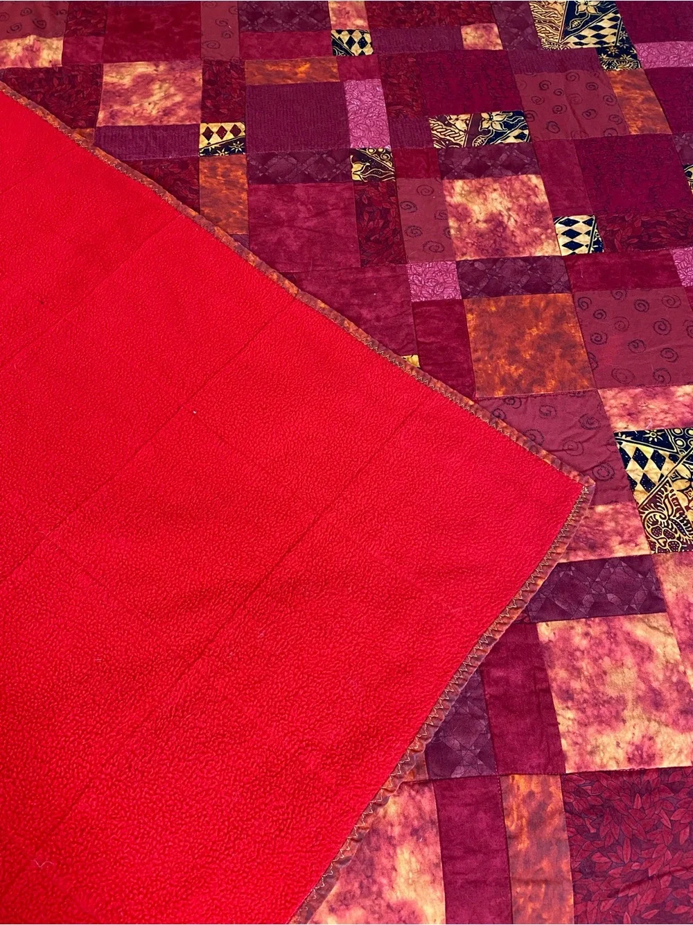 Patchwork Red & Orange Quilted Bedspread with Accented Prints Handmade